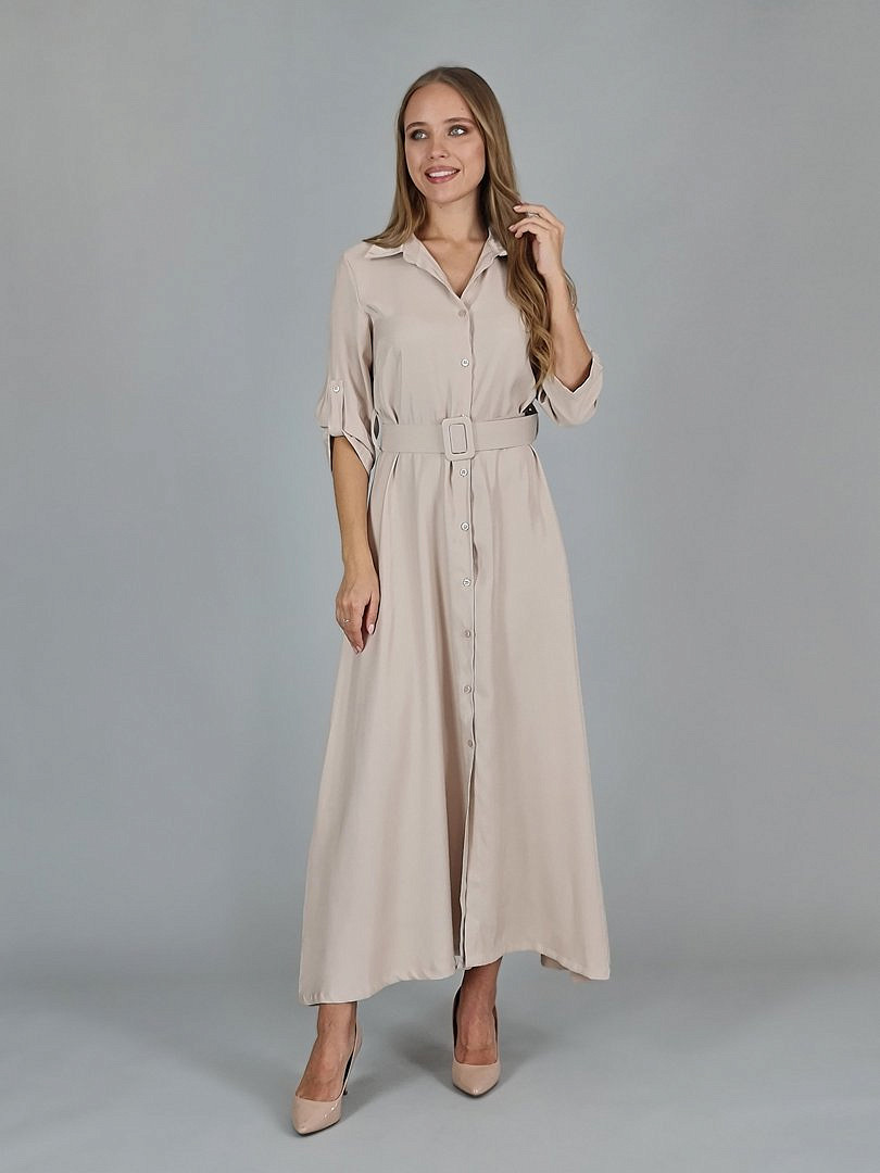 Платье Joleen длинное с поясом и рукавом на пуговице бежевое, фотография №1