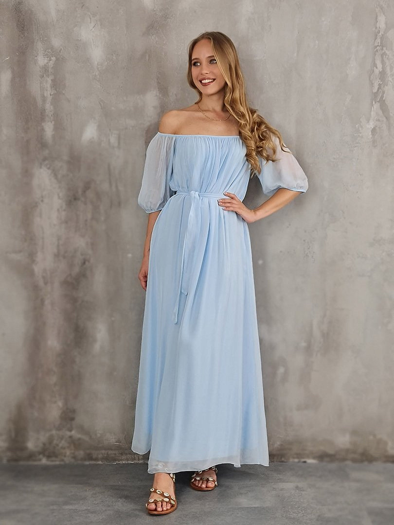 Платье King Kong макси шёлковое с поясом голубое, фотография №2