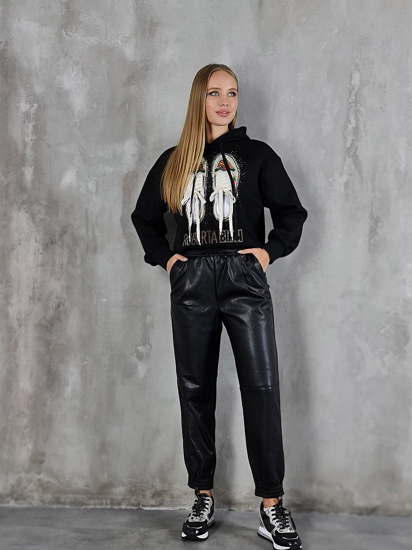 Брюки Lara джоггеры из экокожи с завязками чёрные, фотография №2