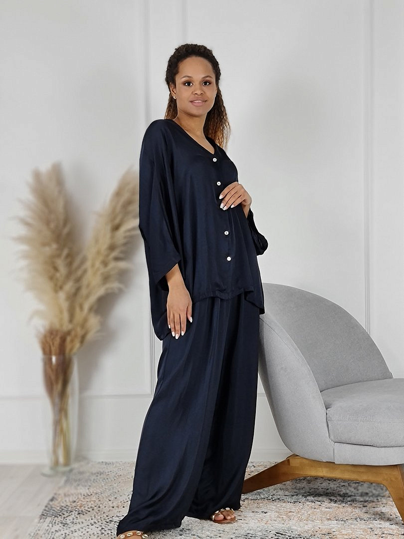 Костюм Zelante атласный рубашка и брюки тёмно-синий, фотография №3