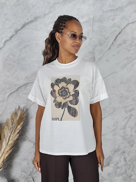Футболка Imperial принт бежевый цветок стразы белая