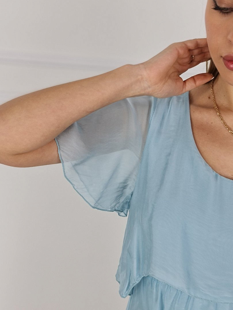 Платье Pura Seta с оборками шёлковое голубое, фотография №3