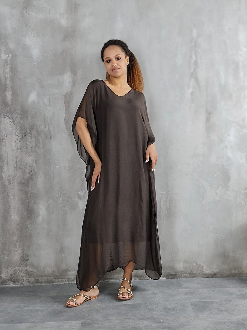 Платье Pure Seta макси шёлковое с ассиметричным подолом хаки (шоколад), фотография №2