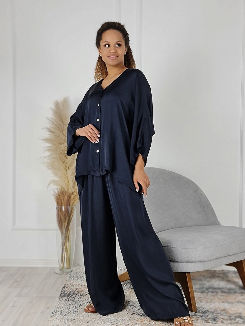 Костюм Zelante атласный рубашка и брюки тёмно-синий, фотография №5