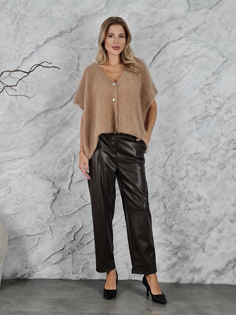 Брюки imperial экокожа на пуговице строчка поперек шоколад, фотография №1