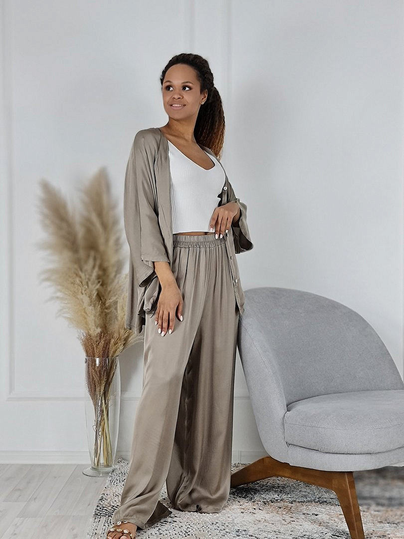 Костюм Zelante атласный рубашка и брюки бежевый (хаки), фотография №1