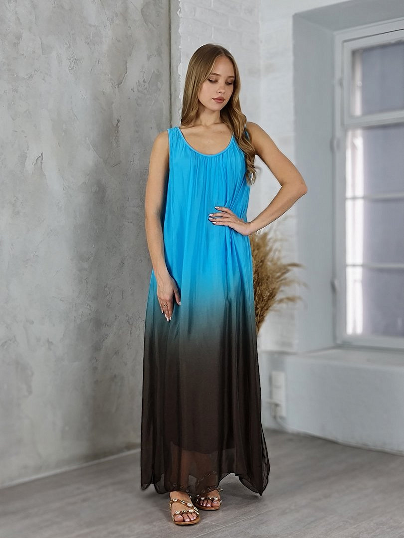 Платье Pura Seta шёлковое двухцветное голубой/какао, фотография №1