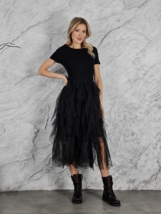 Платье DEGREES с фатиновой юбкой на завязках черное