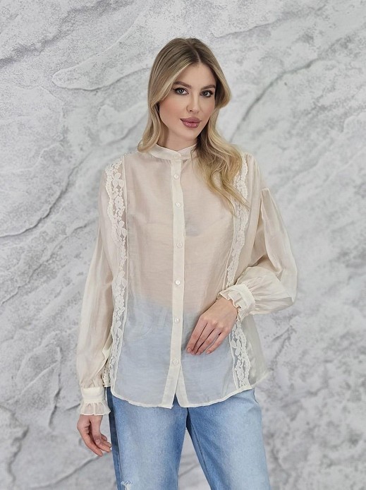Блузка MIHO'S воротник стойка вертикальные  кружева кремовая