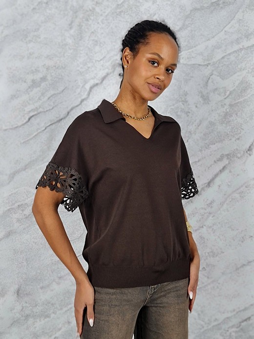 Поло Lara с вышивкой короткий рукав  шоколад