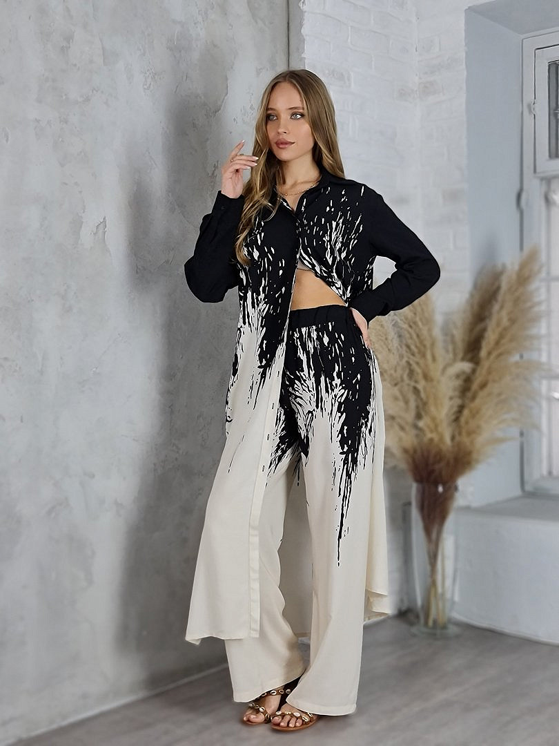 Костюм CLOTHÉ туника и брюки с принтом чёрный/молочный, фотография №1