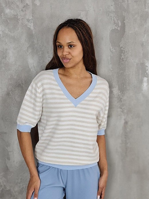 Джемпер LIVAN'S с коротким рукавом и голубыми манжетами в полоску бежевый 