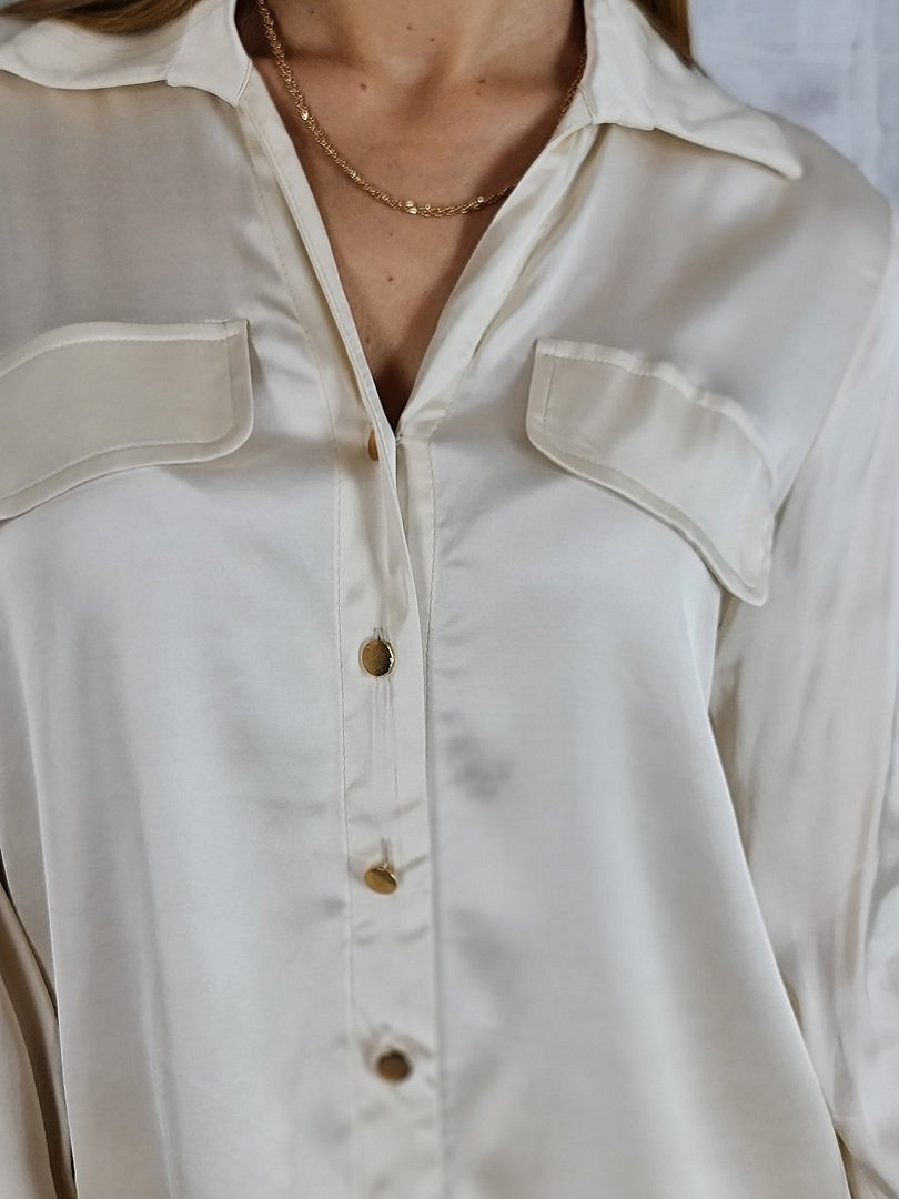 Костюм CLOTHÉ атласный рубашки и брюки с карманами молочный, фотография №6