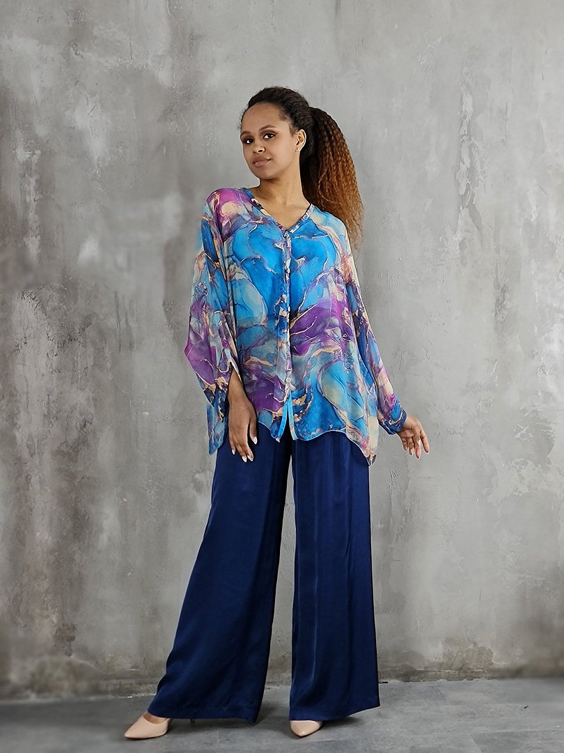 Рубашка Segreto с принтом "Мрамор" голубая, фотография №5