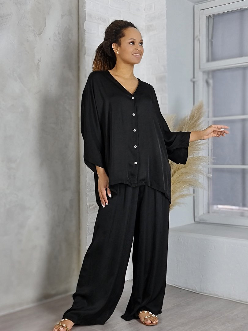 Костюм Zelante атласный рубашка и брюки чёрный, фотография №1