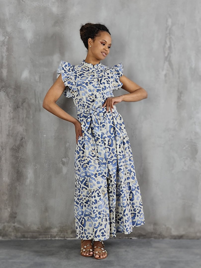 Платье MIHO'S с леопардовым принтом и поясом голубое , фотография №3