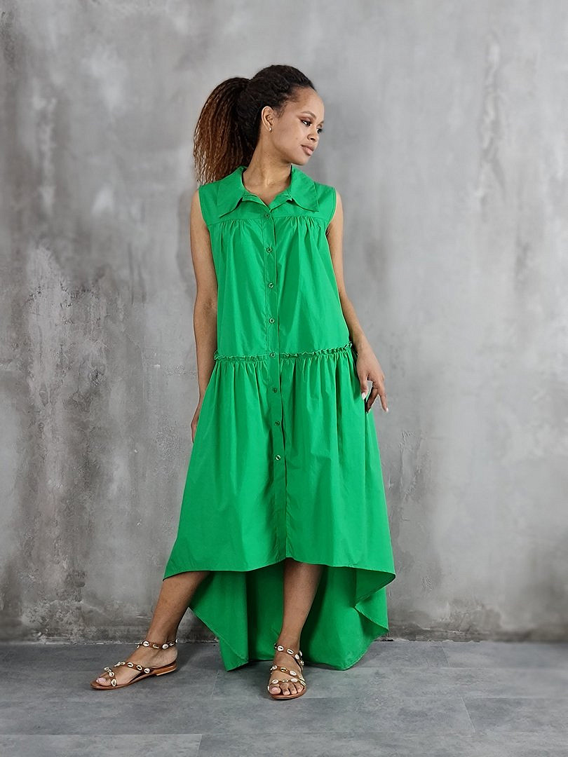 Платье MIHO'S свободное без рукавов с ассиметричным подолом зелёное, фотография №1
