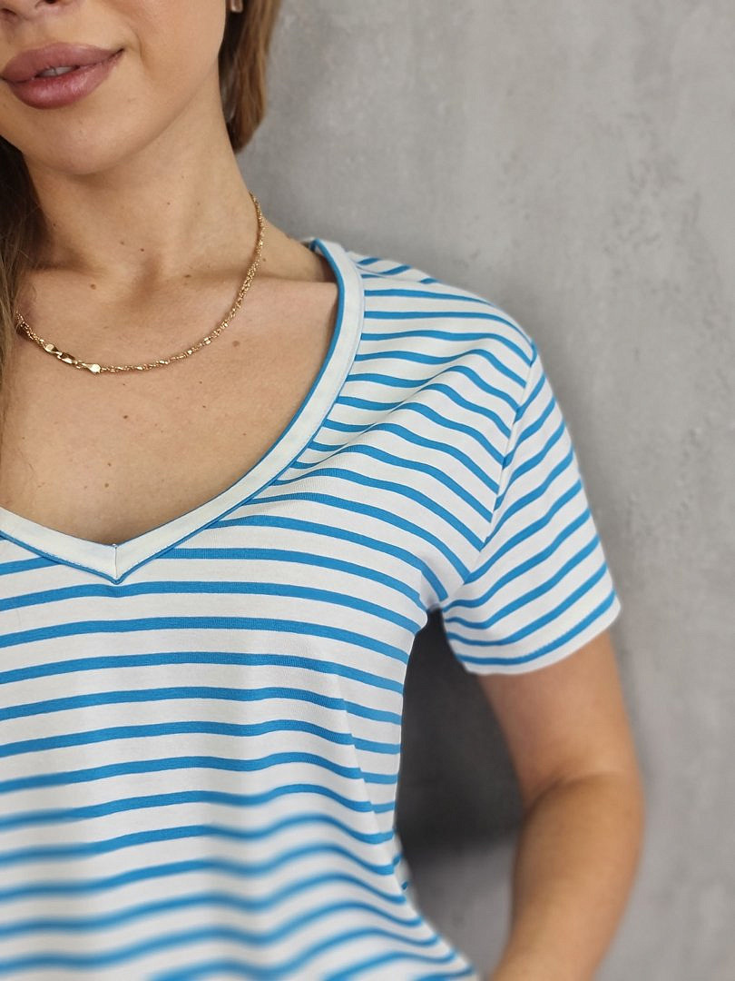 Футболка Vicolo с V-образным вырезом в полоску белая/ярко-голубая, фотография №4